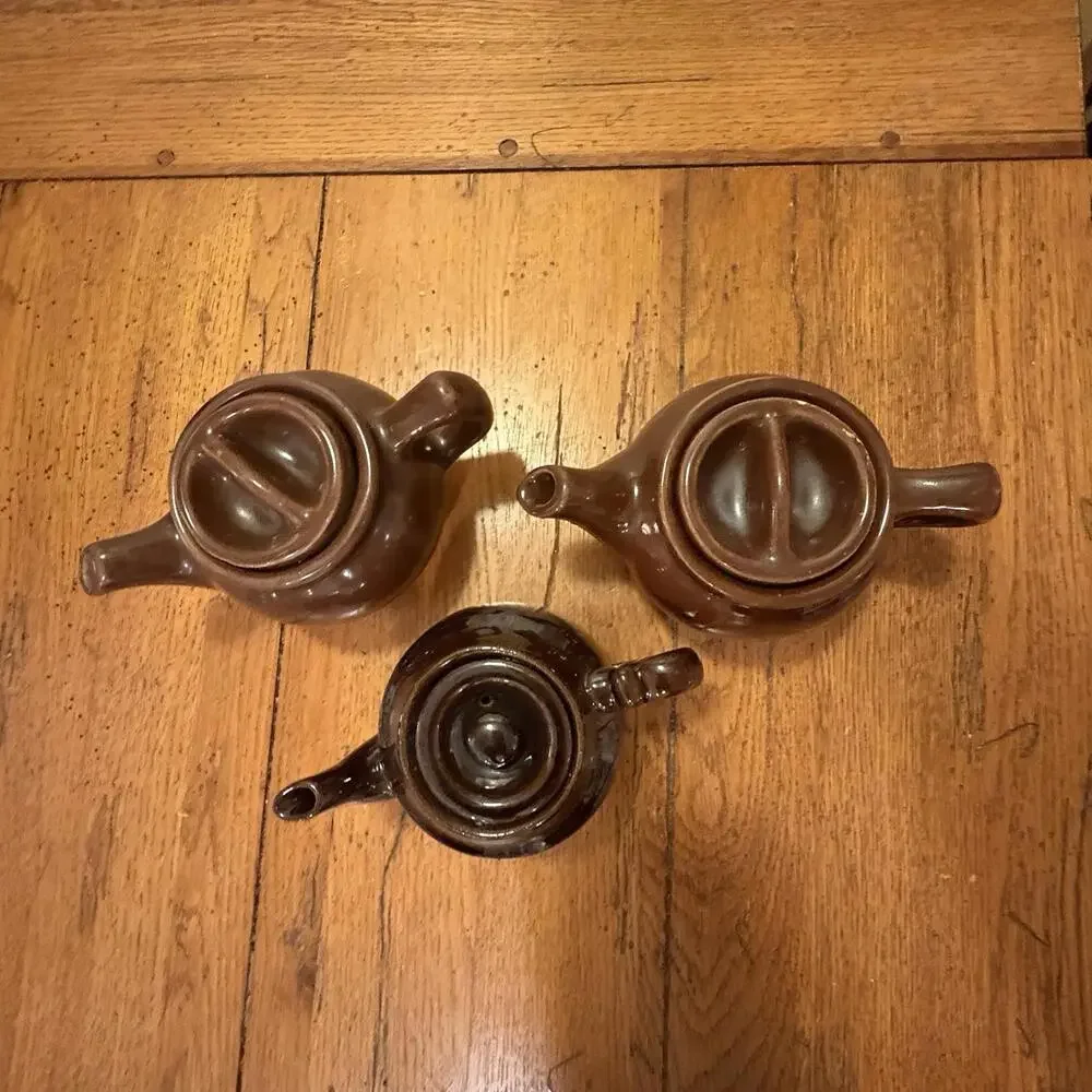 Brown Glaze Teapots Rustic‎ Vintage Unmarked Trio Mix And Match Cottage Cozy Tea